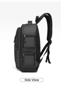 Side view of black business backpack showing dual zipper pockets and mesh shoulder straps