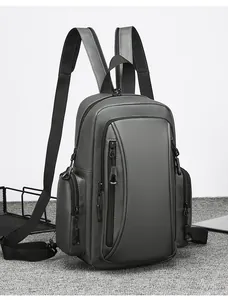 Detailed side view of dark grey waterproof multi-pocket backpack with ergonomic pullers