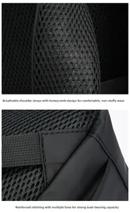 Détail des bretelles en maille respirante et des coutures renforcées sur le sac à dos noir
