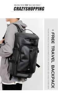 Detail view of large black waterproof travel backpack showing side buckle and matte texture