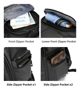 Détails du système de rangement du sac à dos noir avec plusieurs poches zippées