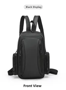 Front view of black waterproof multi-function backpack with zippers and durable top handle