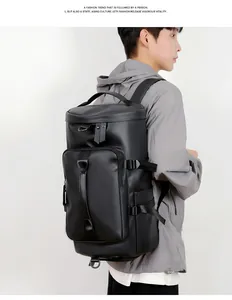 Black multi-functional travel backpack featuring side buckles and waterproof PU leather texture