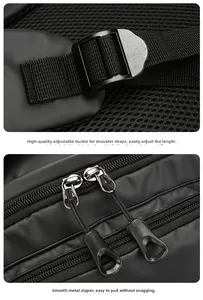 Detail of waterproof business backpack showing smooth metal zippers and breathable mesh back