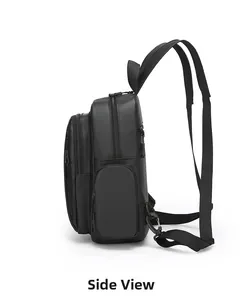 Side view of multi-compartment waterproof black backpack with multi-layer zipper structure