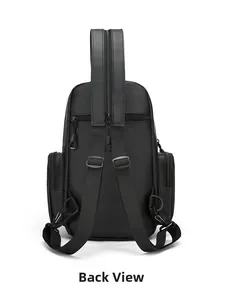 Detail view of the breathable back panel and adjustable tactical straps on the black backpack