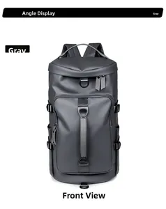Front view of grey waterproof multi-functional travel backpack with vertical handle