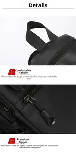 Detail view of thickened webbing handle and smooth metal zipper on black backpack