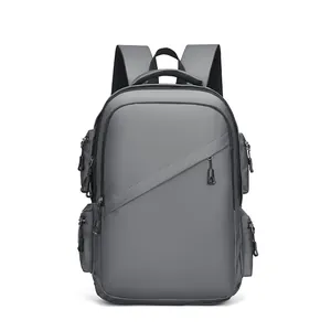 Deep grey waterproof business backpack with diagonal zippers and breathable straps