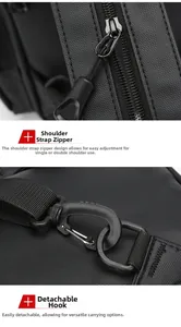 Detail of multi-way backpack with zipper shoulder straps and detachable hooks