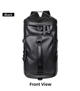Close-up of black waterproof PU travel bag featuring front zip pocket and sturdy metal hooks