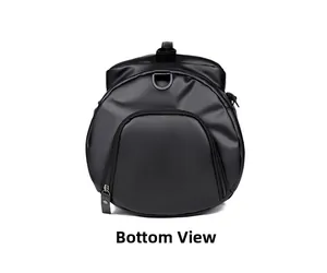 Detail view of the black fitness bag featuring a waterproof PU base and round zipper compartment