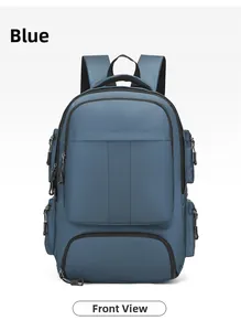 Vue de face d'un sac à dos bleu en nylon imperméable avec plusieurs poches zippées