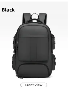 Vue de face du sac à dos business noir avec fermetures éclair et poches latérales