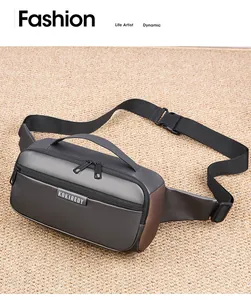 Detailed view of gray waterproof sports chest bag with adjustable strap on textured rug