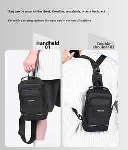 Detail showing five carrying modes for the multifunctional black waterproof chest bag