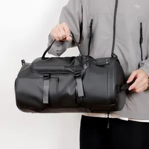 Multifunctional black waterproof PU travel duffel bag with handles for gym and outdoor fitness