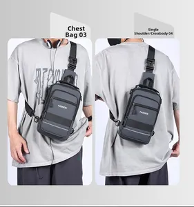Detailed views of gray multi-functional chest bag shown in front and back carry modes