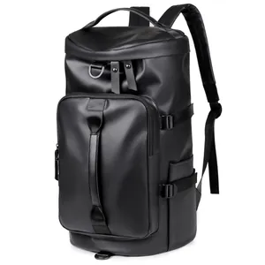 Versatile black PU leather travel backpack with wet dry separation and large capacity