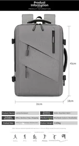 Detailed size chart of the grey water-resistant business laptop backpack with dimensions