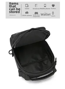 Detail view of large capacity black nylon crossbody bag interior for tablets and cameras