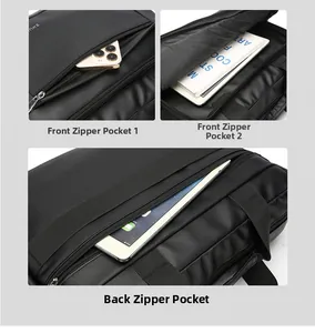 Detailweergave van de ritsvakken aan de voor- en achterkant van deze zakelijke laptoptas