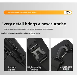 Detail view of smooth metal zippers, durable plastic buckle, and removable metal hooks