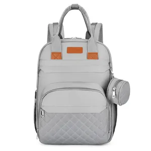 Sac à langer multifonction pliable gris clair avec petite pochette ronde assortie