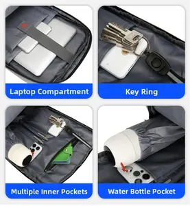 Macro view of interior storage with laptop compartment and key clip on grey backpack