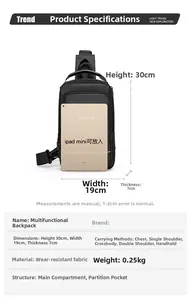 Detailed size chart for black nylon sling bag showing dimensions 30x19x7 cm and capacity