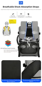 Detail of S-shaped padded shoulder straps and 3D breathable back panel on gray backpack