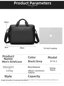 Gedetailleerde maattabel voor zwarte laptoptas 38x29x8cm met materiaal specificaties
