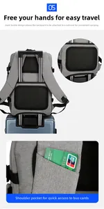 Detail of grey backpack featuring luggage trolley strap and shoulder strap card pocket