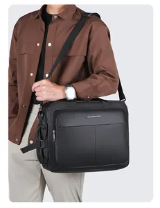 Close-up of a black multi-functional business briefcase with adjustable shoulder strap