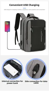 Detail of laptop backpack showing integrated USB charging port and power bank connection