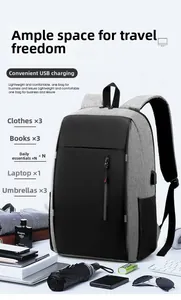 Detailed view of grey business laptop backpack shown with travel essentials on white background