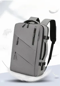Detail of grey lightweight business backpack showing breathable straps and feather display