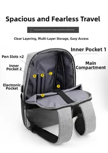 Internal view of grey business backpack showing laptop sleeve and multi-layer pockets