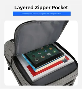 Front zipper pocket of gray travel backpack showing spacious interior for iPad and books