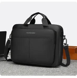 Detailed side view of black nylon business briefcase with adjustable strap and front pocket