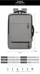 Detailed size chart of grey business laptop backpack showing 31x45x18cm dimensions