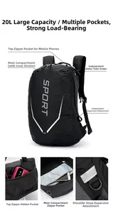 Detailed 20L cycling backpack showing water pipe outlet and multi-pocket design