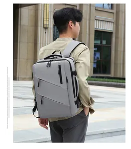 Detail view of water-resistant gray business backpack showing side buckles and texture