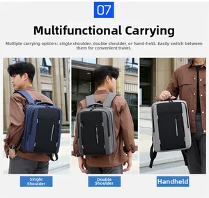 Detailed view of the multi-functional business backpack shown in three carrying modes