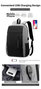 Detail of multi-functional business backpack showing internal USB port and power bank storage
