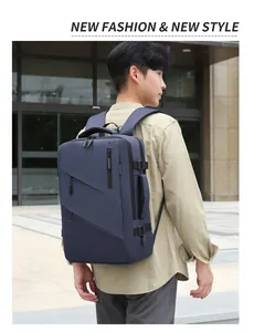 Deep blue business backpack on male model showing side profile and functional zippers