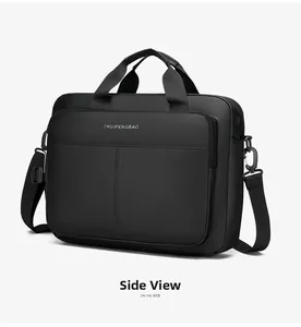 Gedetailleerd zijaanzicht van een zwarte zakelijke laptoptas van stevig nylon