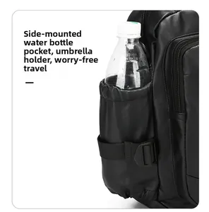 Macro view of the high-capacity side pocket with elastic band for water bottles and umbrellas