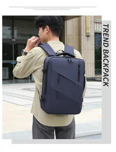 Detailed outdoor shot of a navy blue business backpack featuring water-resistant fabric