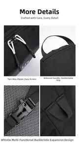 Detail of waterproof nylon cycling backpack showing dual zippers and whistle buckle strap